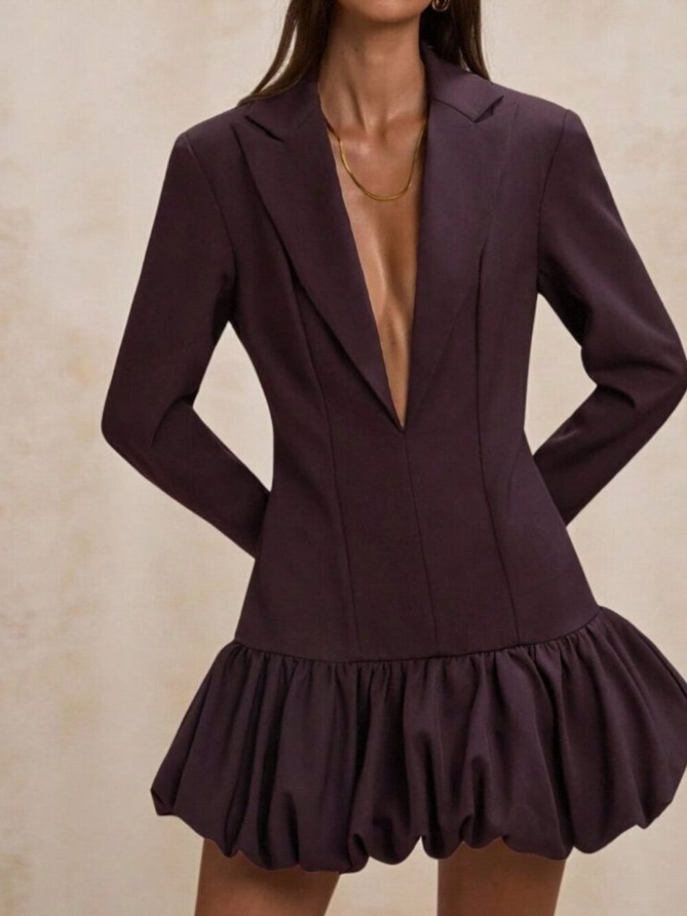 Coffee Brown Elegant Women's Long Sleeve Bubble Skirt Suit Dress - Picture 4 of 8